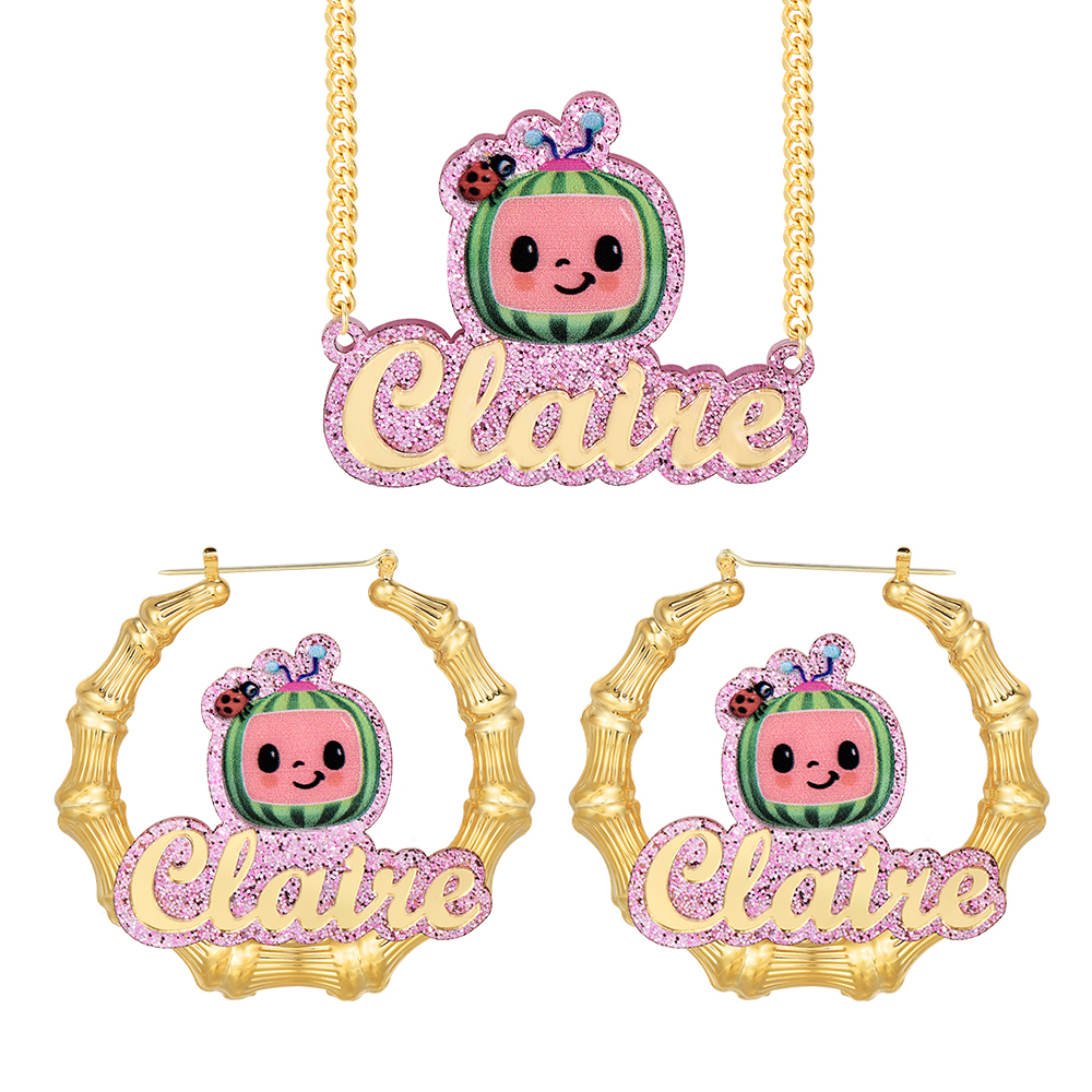 Pink Acrylic Cute Watermelon Nameplate Jewelry Set Personalized Name Necklace and Bamboo Earrings-silviax