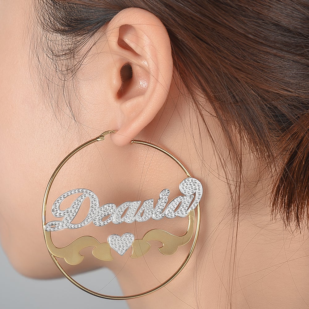 Two Tone Gold Plated Personalized Hoop Name Earrings with Heart-silviax