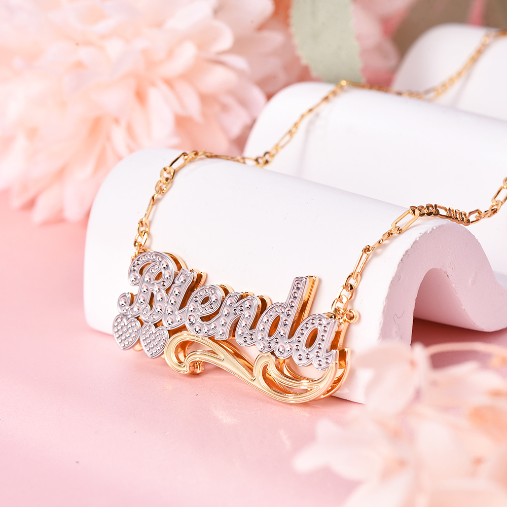 Two Tone Double Layer Personalized Custom 3D Name Necklace with Double Heart-silviax