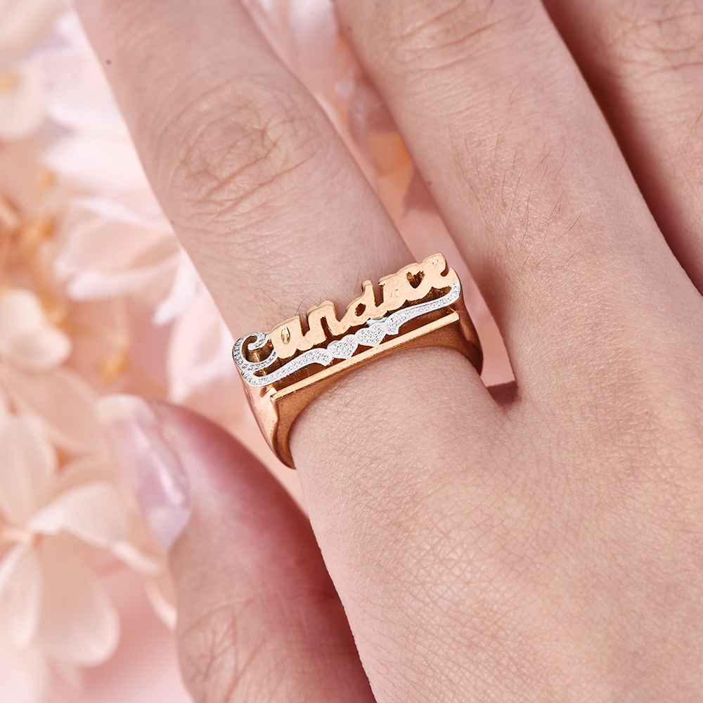 Two Tone Two Hearts Underline Personalized Custom Gold Plated Name Ring-silviax