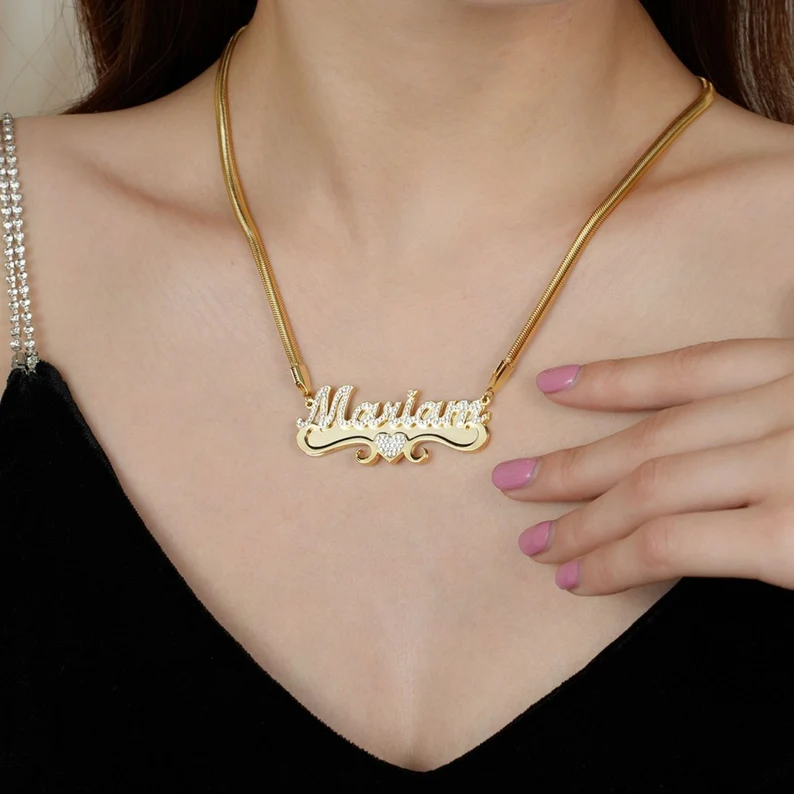 Sparkling Personalized Custom Zircon Heart Name Necklace Snake Chain-silviax