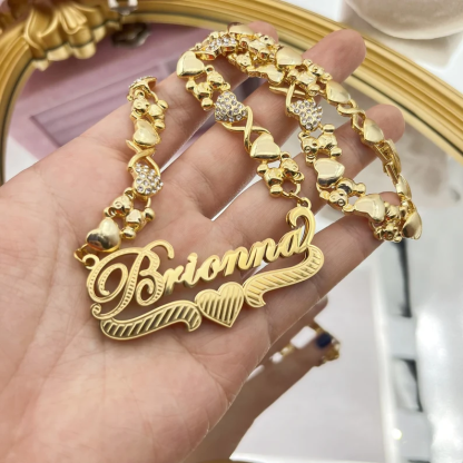Personalized Custom Teddy XOXO Chain Double Layer Diamond Cut Heart Name Necklace-silviax