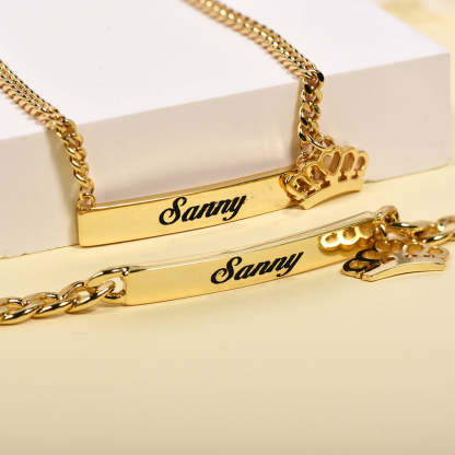 Gold Plated Personalized Custom Engraved Bar Nameplate with Crown Pendant Necklace and Bracelet Set-silviax