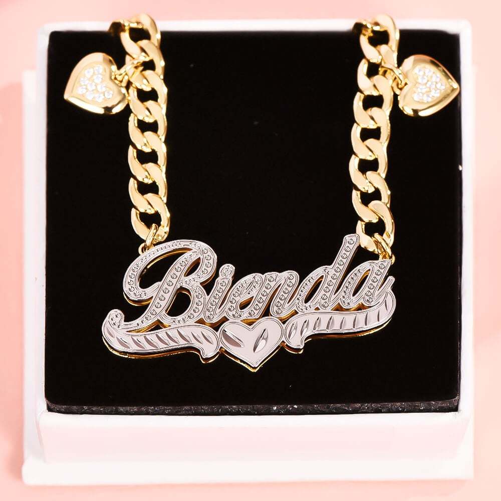 Double Layer Two Tone Heart Nameplate Cuban Chain With Heart Personalized Custom Name Necklace-silviax