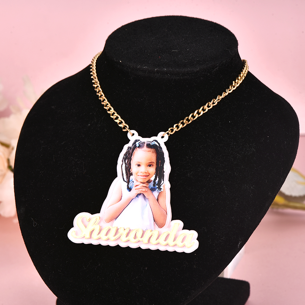 Pink Acrylic Portrait Photo with Nameplate Personalized Name Necklace-silviax