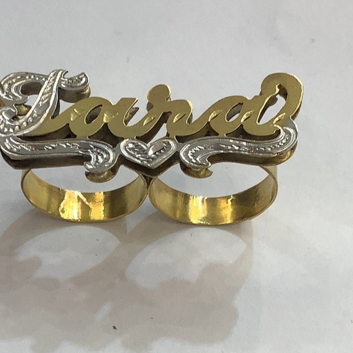 Double Layer Two Tone Two Finger With Heart Personalized Custom Gold Plated 3D Name Ring-silviax