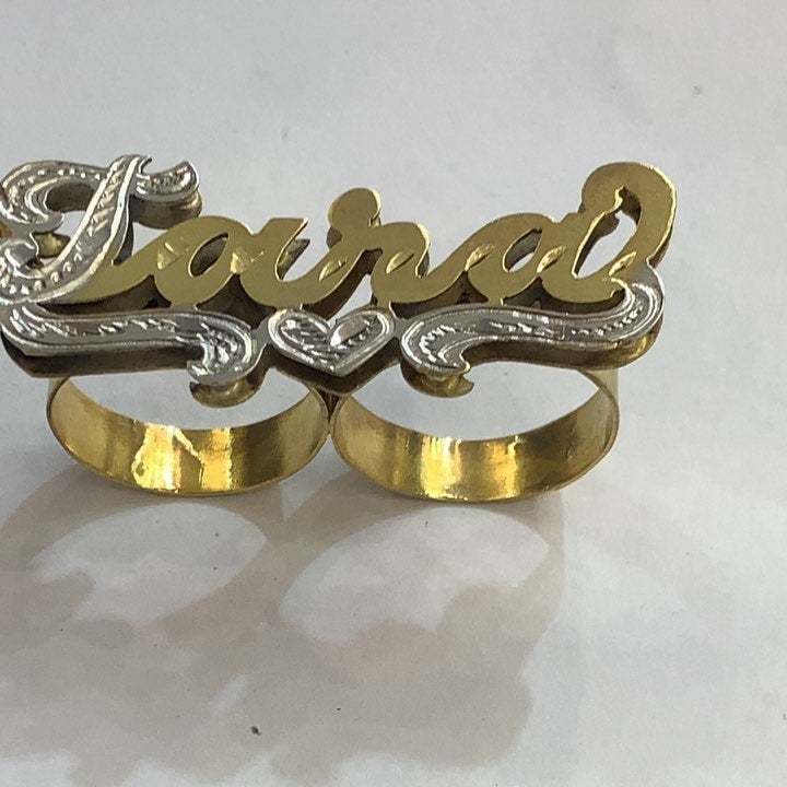 Double Layer Two Tone Two Finger With Heart Personalized Custom Gold Plated 3D Name Ring-silviax