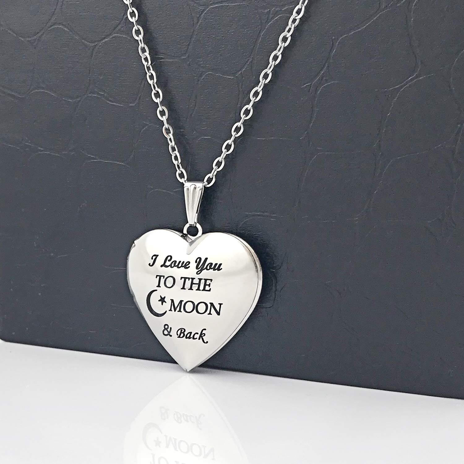 Heart Locket That Engraved "I Love You to the Moon and Back" Two Photos Personalized Custom White Gold Photo Necklace-silviax