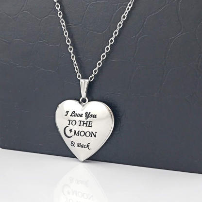 Heart Locket That Engraved "I Love You to the Moon and Back" Two Photos Personalized Custom White Gold Photo Necklace-silviax