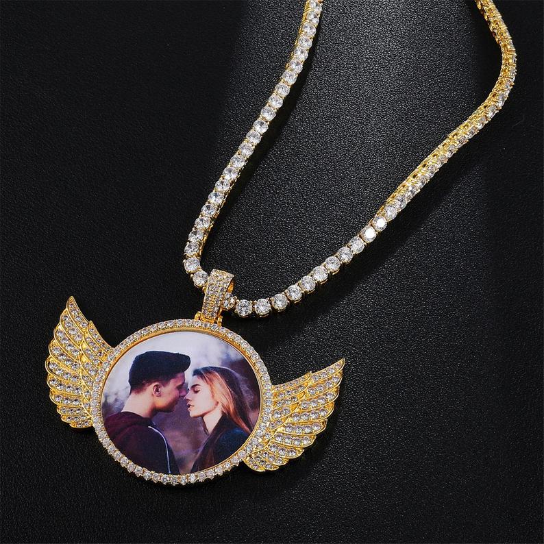 Angel Wings with Tennis Chain Gold Plated Personalized Circular Pendant Photo Necklace-silviax