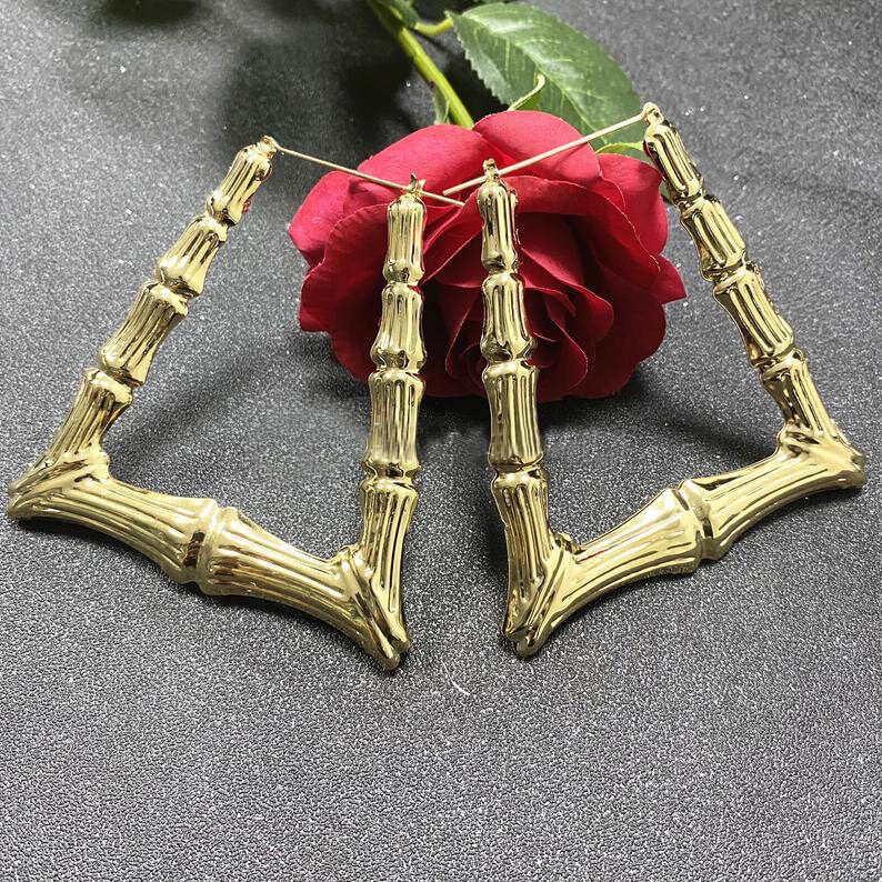 Trapezoid Bamboo Hoop Gold Plated Earrings-silviax