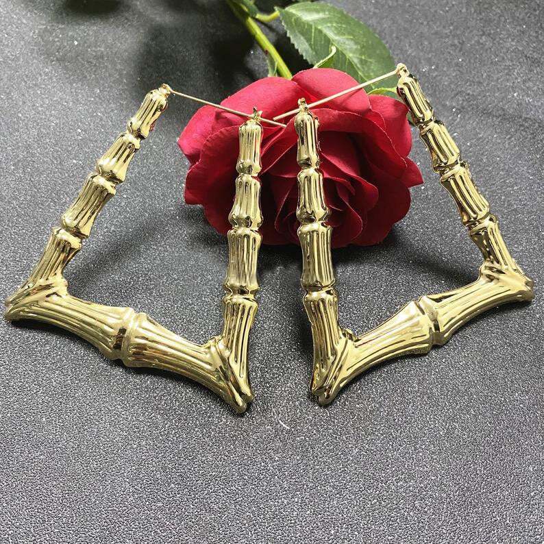 Trapezoid Bamboo Hoop Gold Plated Earrings-silviax