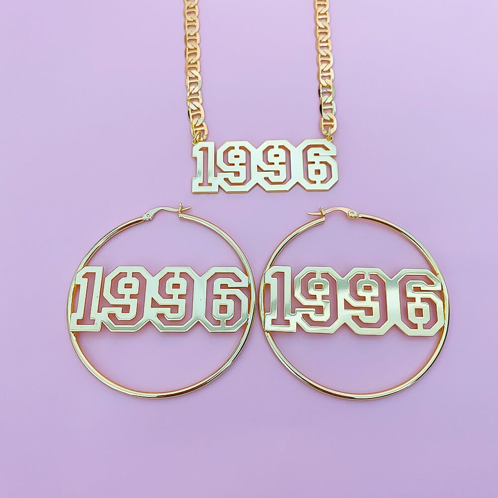 Hollow Number Year Nameplate Necklace And Earrings Personalized Custom Gold Plated Set Jewelry-silviax