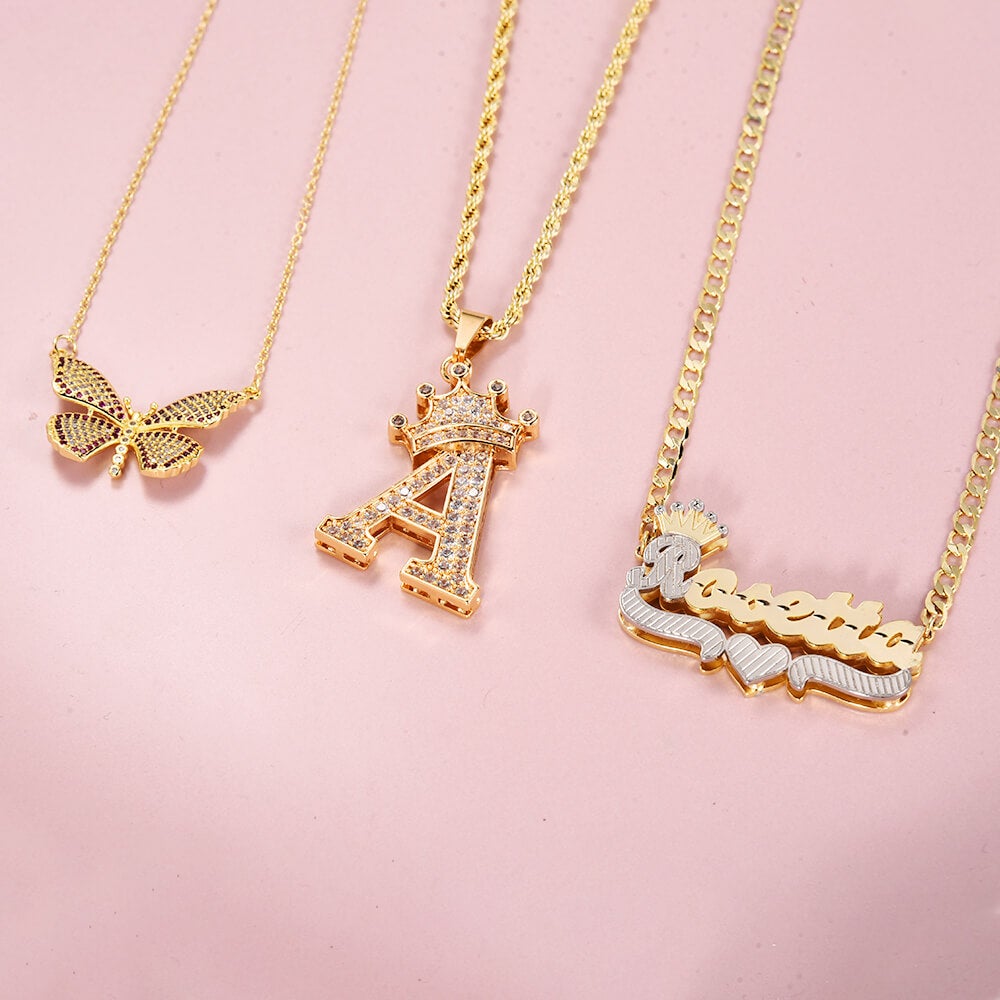 Double Layer Two Tone Crown heart Name Necklace Initial Necklace and Butterfly Pendant Necklace Personalized Custom Set-silviax