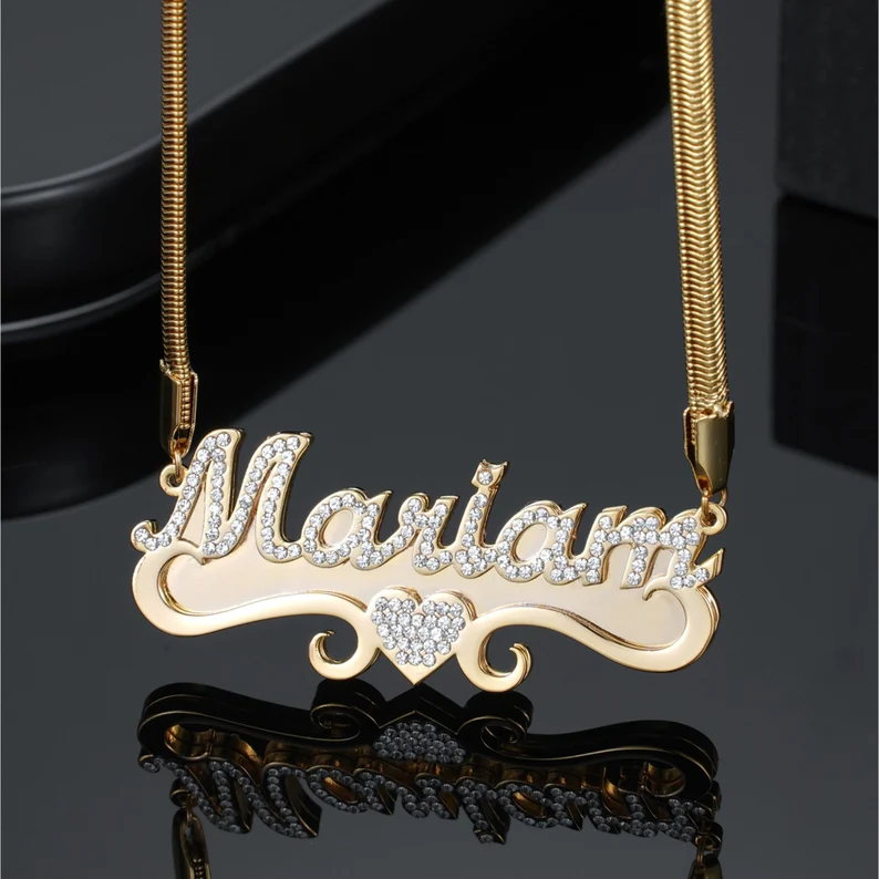 Sparkling Personalized Custom Zircon Heart Name Necklace Snake Chain-silviax