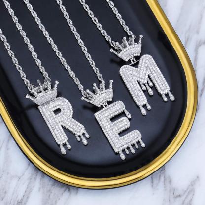 Gold Plated Crystal Dripping Crown Letter Initial Necklace-silviax