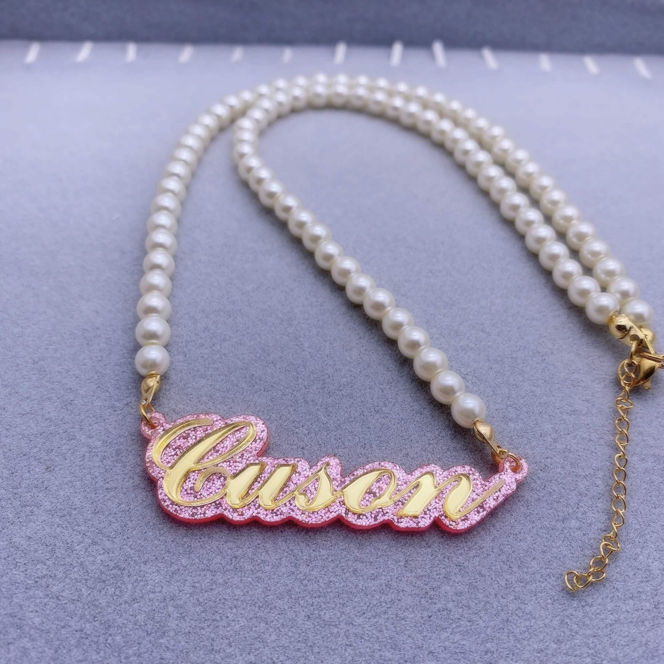 Double Layer Two Tone Acrylic With Pearl Chain Personalized Custom Name Necklace-silviax