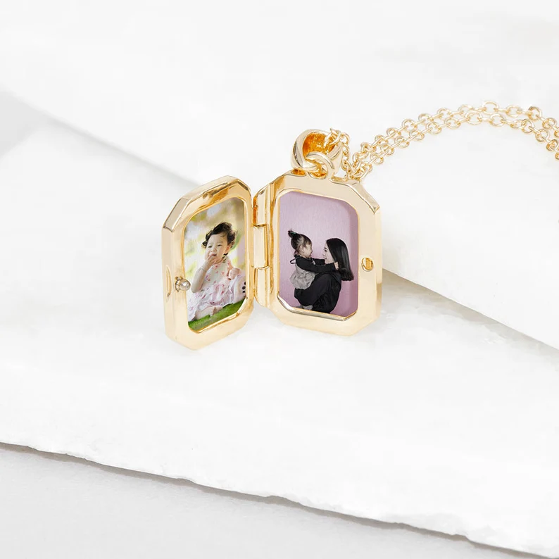 Personalized Gold Plated Rectangular Photo Locket Custom Photo Name & Date Necklace Anniversary Gift-silviax