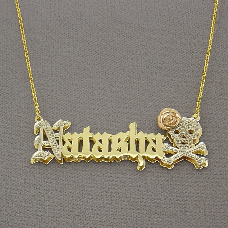 Halloween Cuban Chain Skull and Rose Double Layer Personalized Custom Old English Name Necklace-silviax