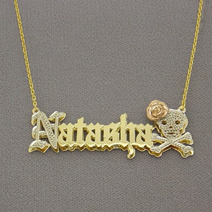 Halloween Cuban Chain Skull and Rose Double Layer Personalized Custom Old English Name Necklace-silviax
