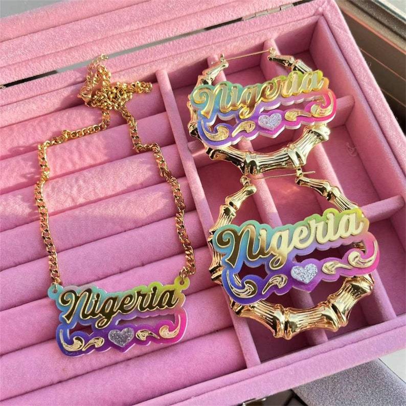 Personalized Colorful Acrylic Jewelry Set Custom Name Necklace Bamboo Earrings Set-silviax