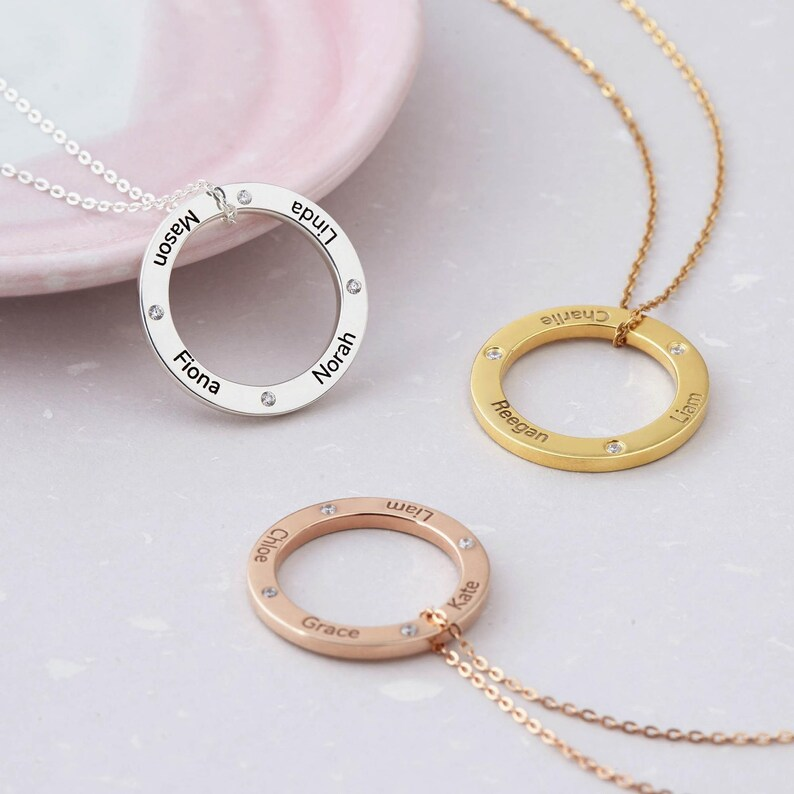3-5 Names Circular Pendant With Birthstone Personalized Custom Gold Plated Name Necklace Family Necklace-silviax