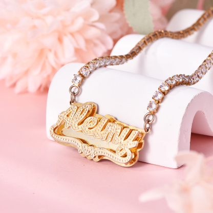 Double Plate Nameplate Heart with Tennis Chain Personalized Custom Gold Plated Name Necklace-silviax