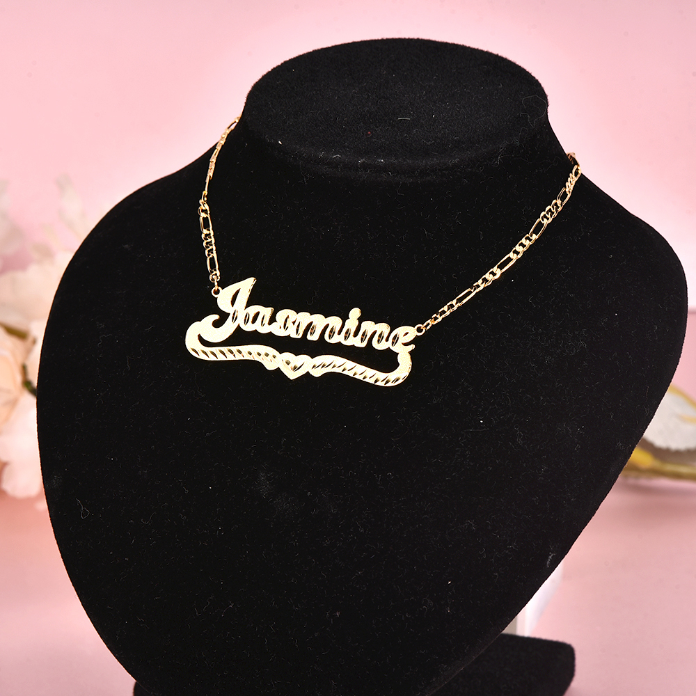 Personalized Diamond Cut Name Necklace with Heart And Nameplate Bamboo Earrings Set-silviax