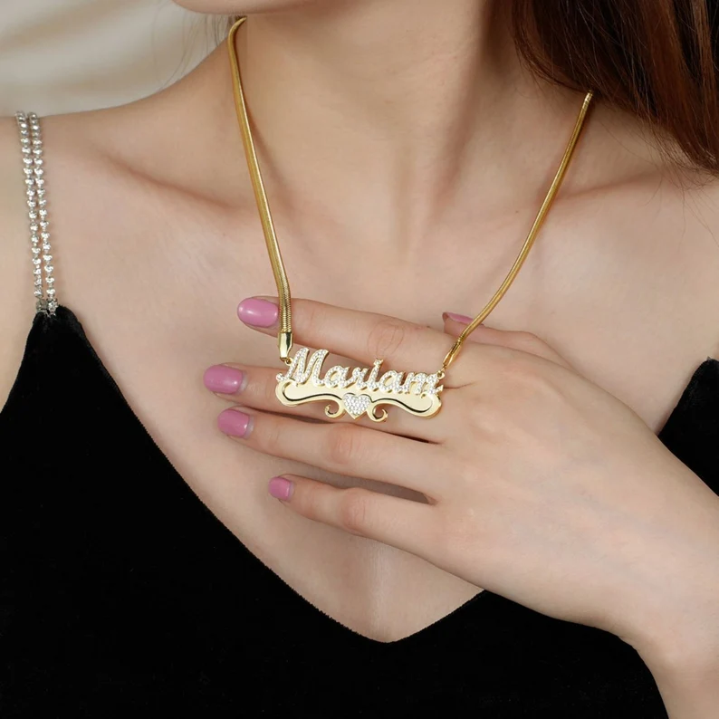 Sparkling Personalized Custom Zircon Heart Name Necklace Snake Chain-silviax