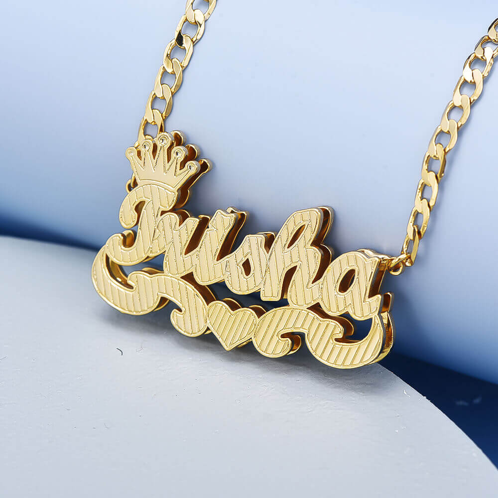 Double Layer Crown and Heart Personalized Customized Gold Plated Name Necklace-silviax