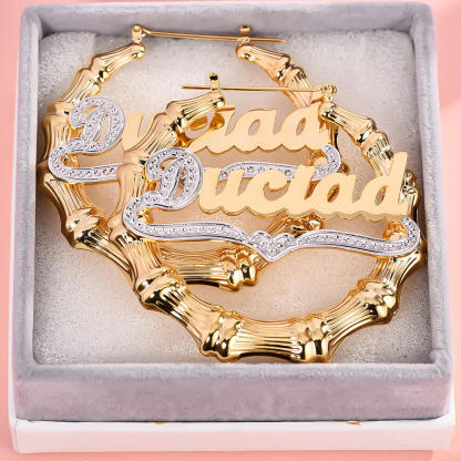 Personalized Bamboo Double Plated Two Tone Name Hoop Earrings-silviax