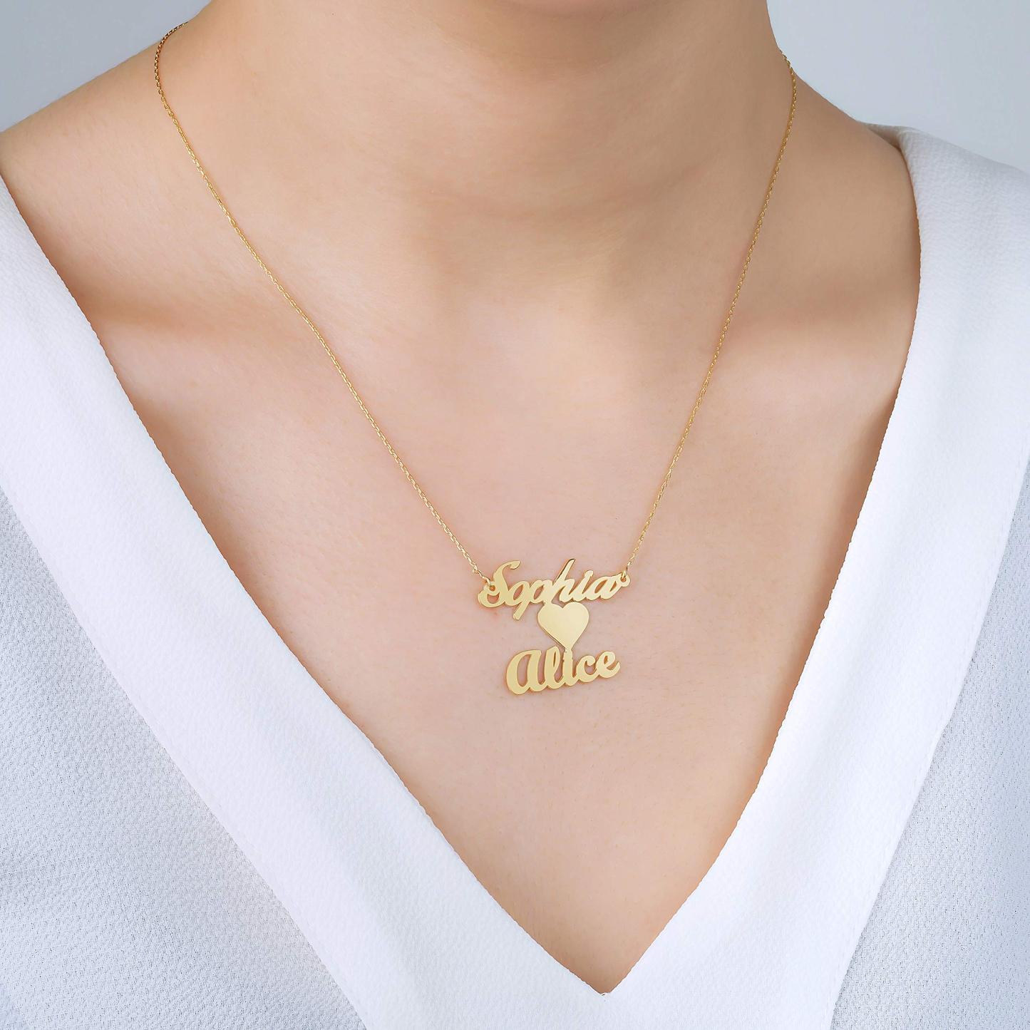 Heart Necklace In Middle With Two Names Gold Plated-silviax