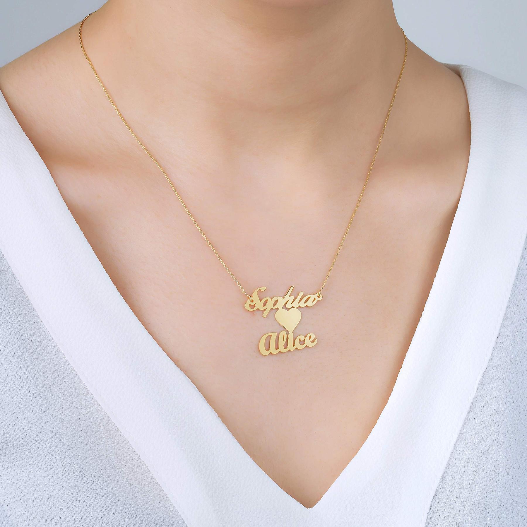 Heart Necklace In Middle With Two Names Gold Plated-silviax