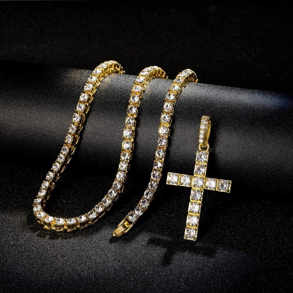 Cross Pendant Necklace Tennis Chain Gold Plated for Men and Women-silviax