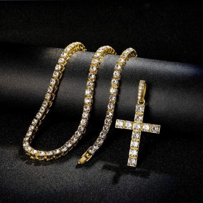 Cross Pendant Necklace Tennis Chain Gold Plated for Men and Women-silviax
