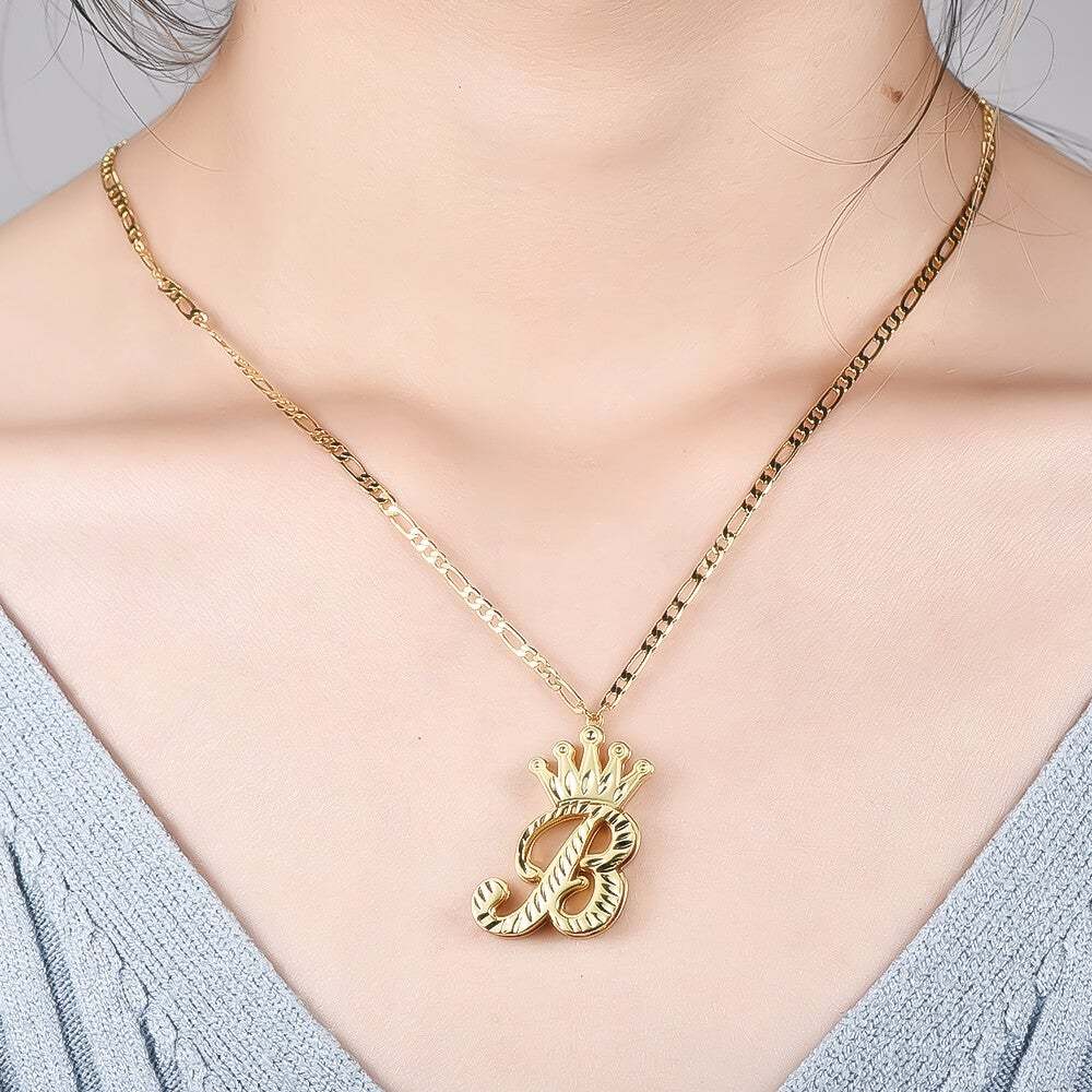 Double Layer Large Letter Crown Pendant Gold Plated Personalized Custom Initial Necklace-silviax