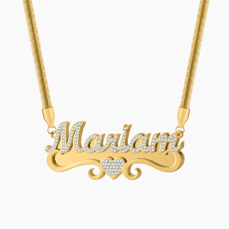 Sparkling Personalized Custom Zircon Heart Name Necklace Snake Chain-silviax