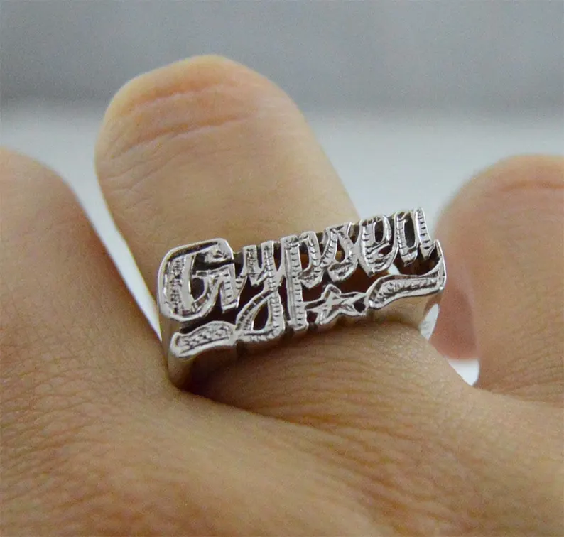 Custom Gold Plated Star Underline Diamond Cut 3D Names Ring-silviax