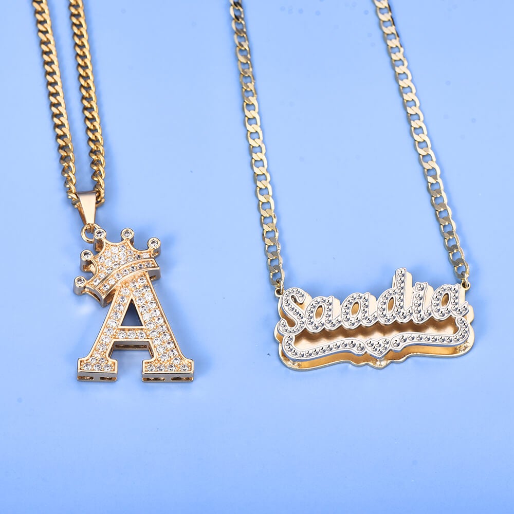 Double Plate Two Tone with Heart Name Necklace and Initial Necklace with Crown Personalized Custom Gold Plated Set-silviax