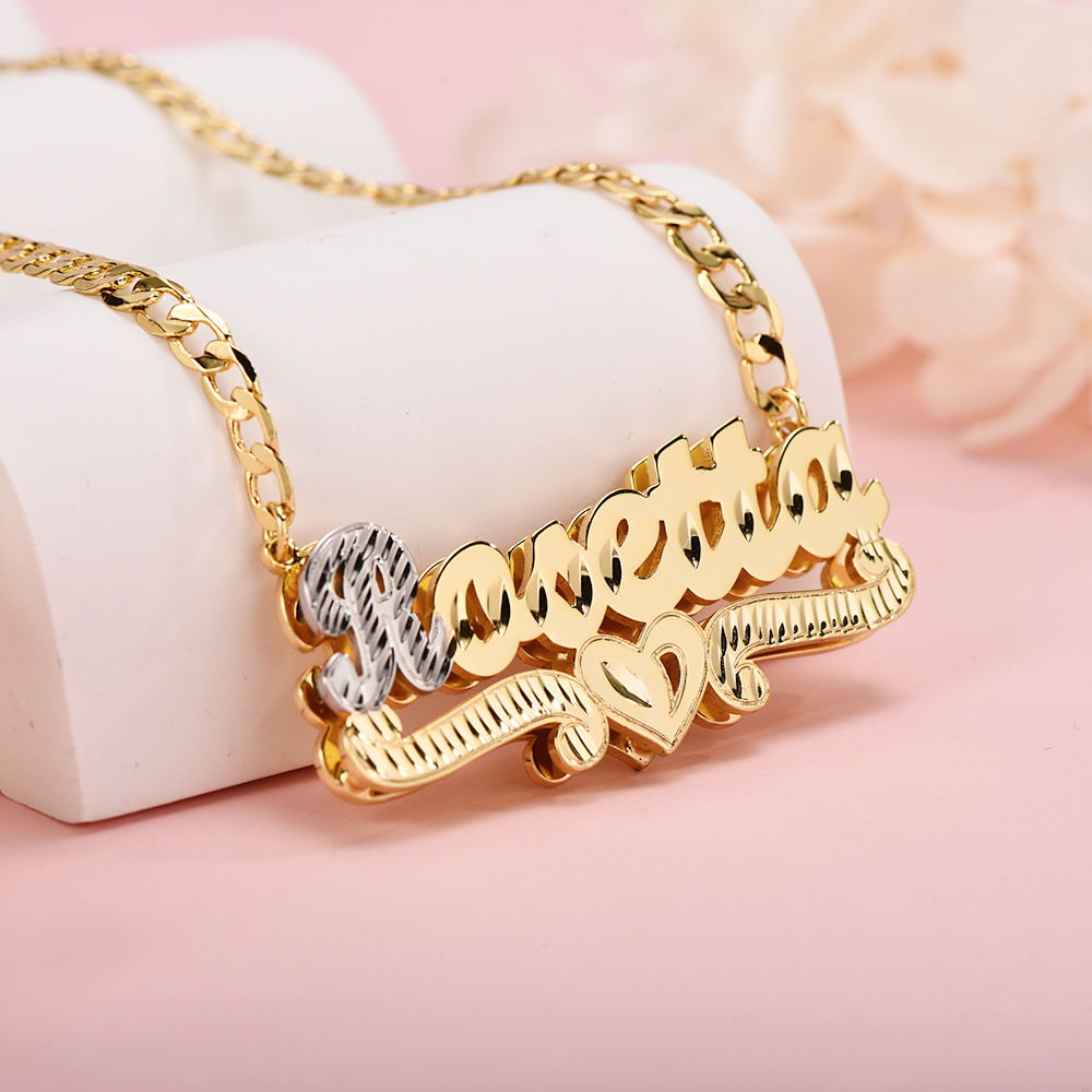 Double Layer Two Tone Nameplate Personalized Custom Gold Plated Name Necklace with Heart-silviax