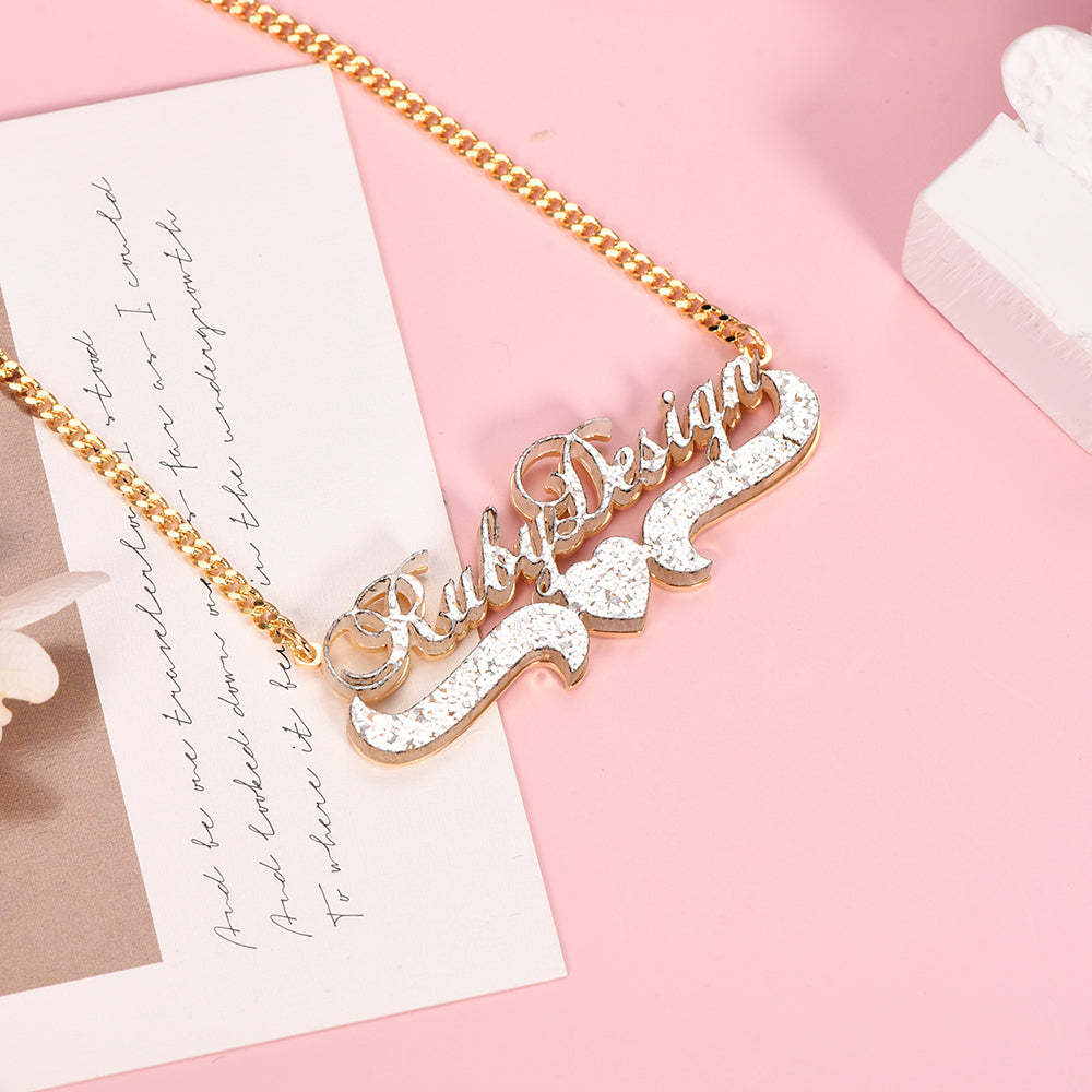 Sparkling Acrylic Personalized Custom Gold Plated Double Layer Name Necklace with Heart-silviax