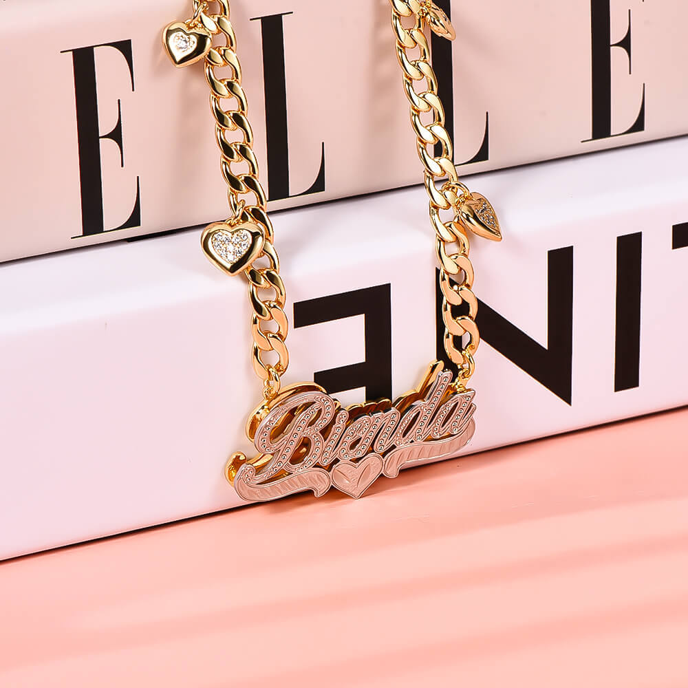 Double Layer Two Tone Heart Nameplate Cuban Chain With Heart Personalized Custom Name Necklace-silviax
