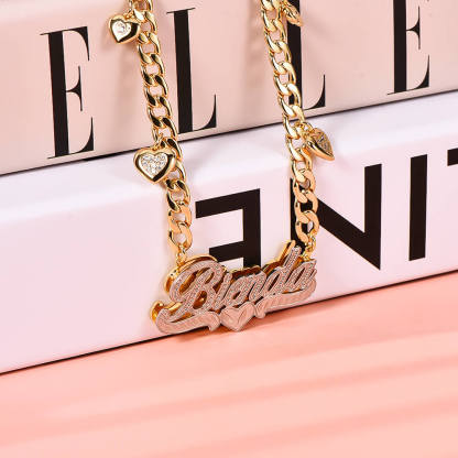 Double Layer Two Tone Heart Nameplate Cuban Chain With Heart Personalized Custom Name Necklace-silviax