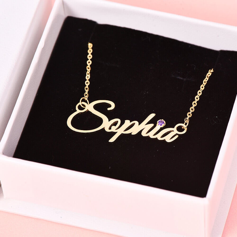 Nameplate Pendant With Birthstone Gold Plated Personalized Custom Name Necklace 