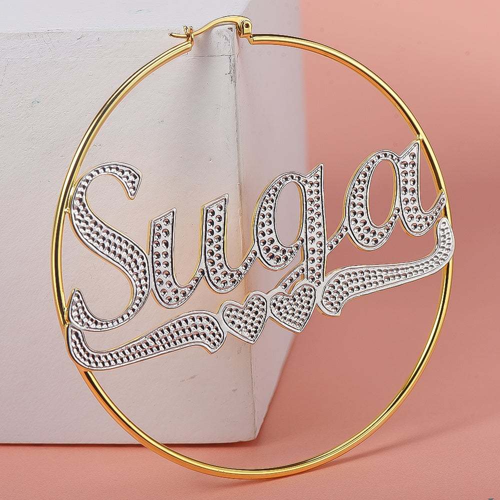 Two Tone Gold Plated Personalized Hoop Name Earrings with Heart-silviax