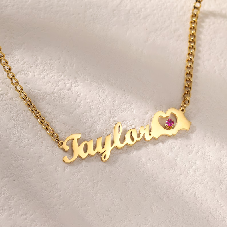  Love Gesture Heart Nameplate with Birthstone Personalized Custom Gold Plated Name Necklace