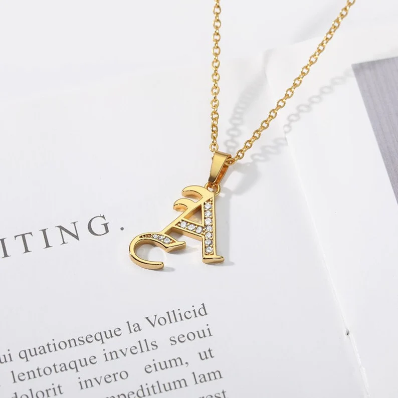 A-Z Iced Curve Letter Personalized Custom Gold Plated Initial Necklace-silviax