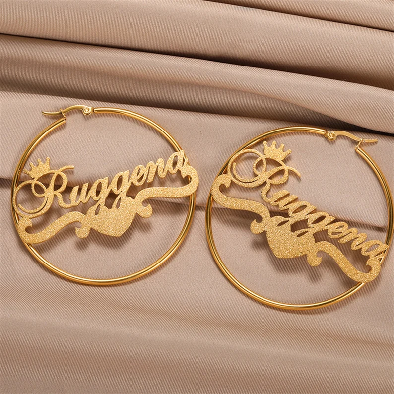 Bling Personalized Gold Plated Crown and Heart Name Hoop Earrings-silviax
