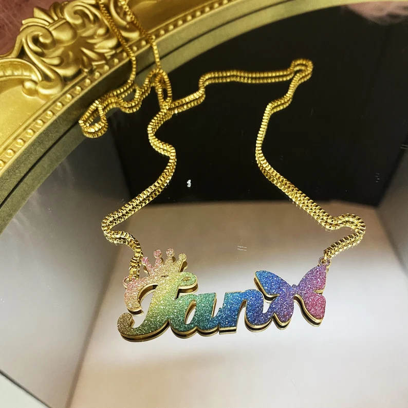 Cuban Chain Sparkling Personalized Custom Colorful Name Necklace with Crown and Butterfly
