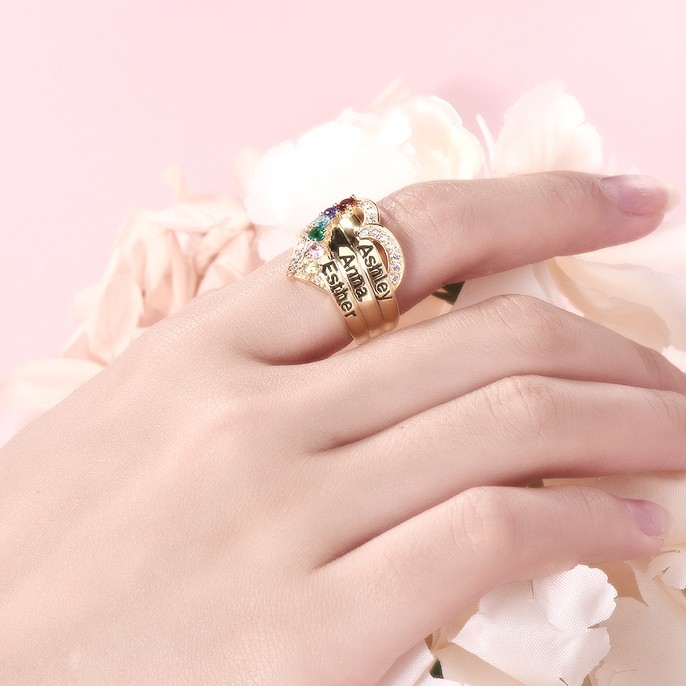 Love For Mom Personalized Custom Gold Plated Heart Name Ring with Birstone -silviax